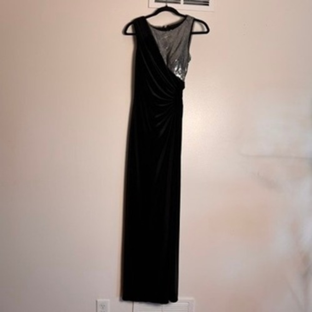 Adrianna Papell Velvet Sequin Gown Black Silver Asymmetric Maxi Dress Size 4